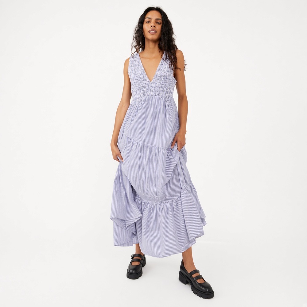 Free People Juno Maxi Dress Blue White Striped Smocked Tiered Small 100% Cotton